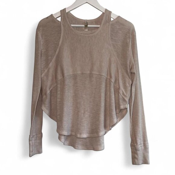 Free People FP Movement Ivory Beige Long Sleeve Crew Neck Soft Ribbed Blouse Top - Picture 1 of 6